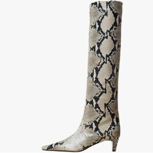 miss left Snakeskin Stretchy Knee High Boot Square Toe Low Kitten Heel Shoes